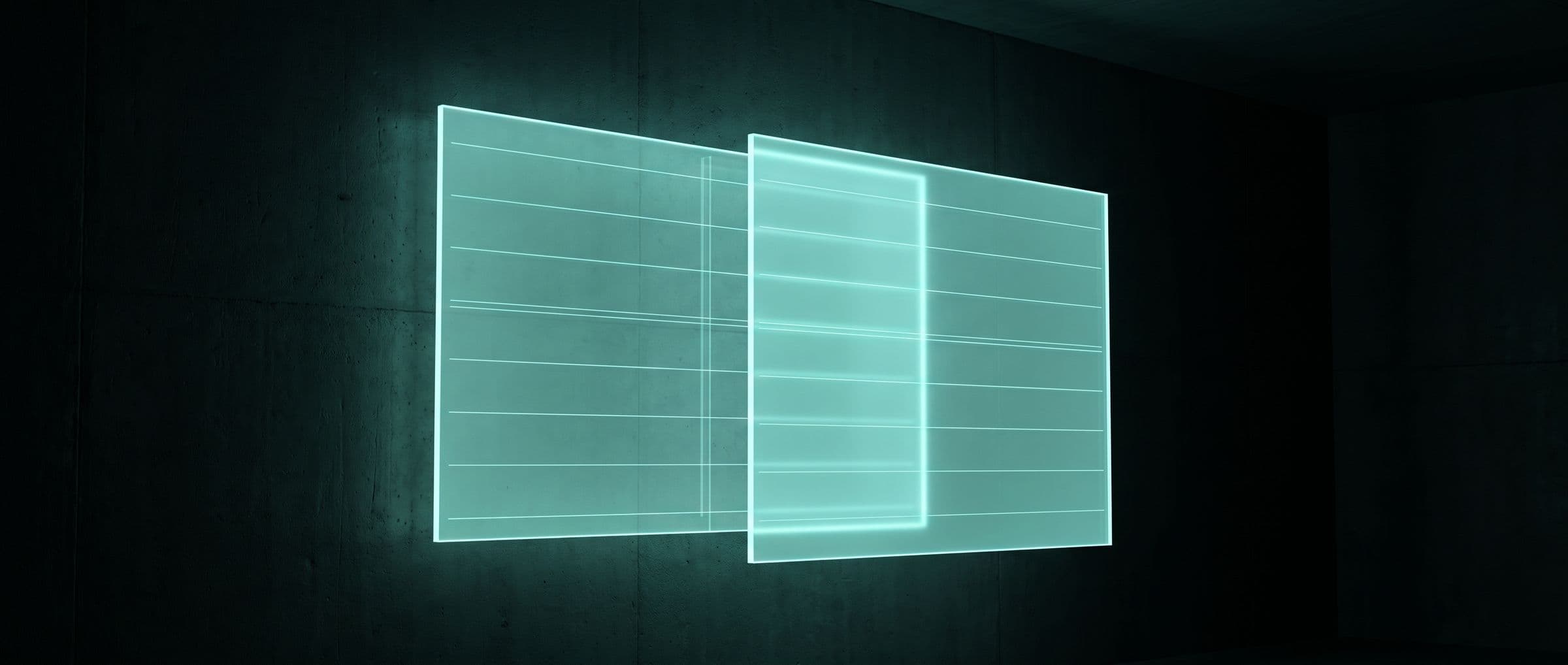 Two glowing mint rectangular planes, slightly misaligned against a dark wall, like two currencies drifting out of sync.